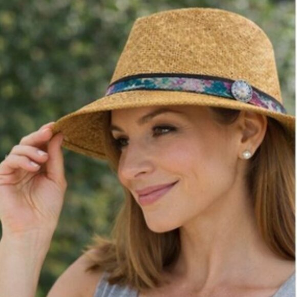 Fiesta Santa Barbara Straw Fedora Hat — Made in USA, Floral Band & Concho main image 7